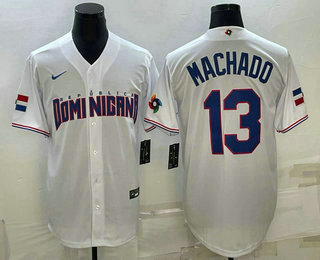 Mens Dominican Republic Baseball #13 Manny Machado 2023 White World Baseball Classic Stitched Jerseys